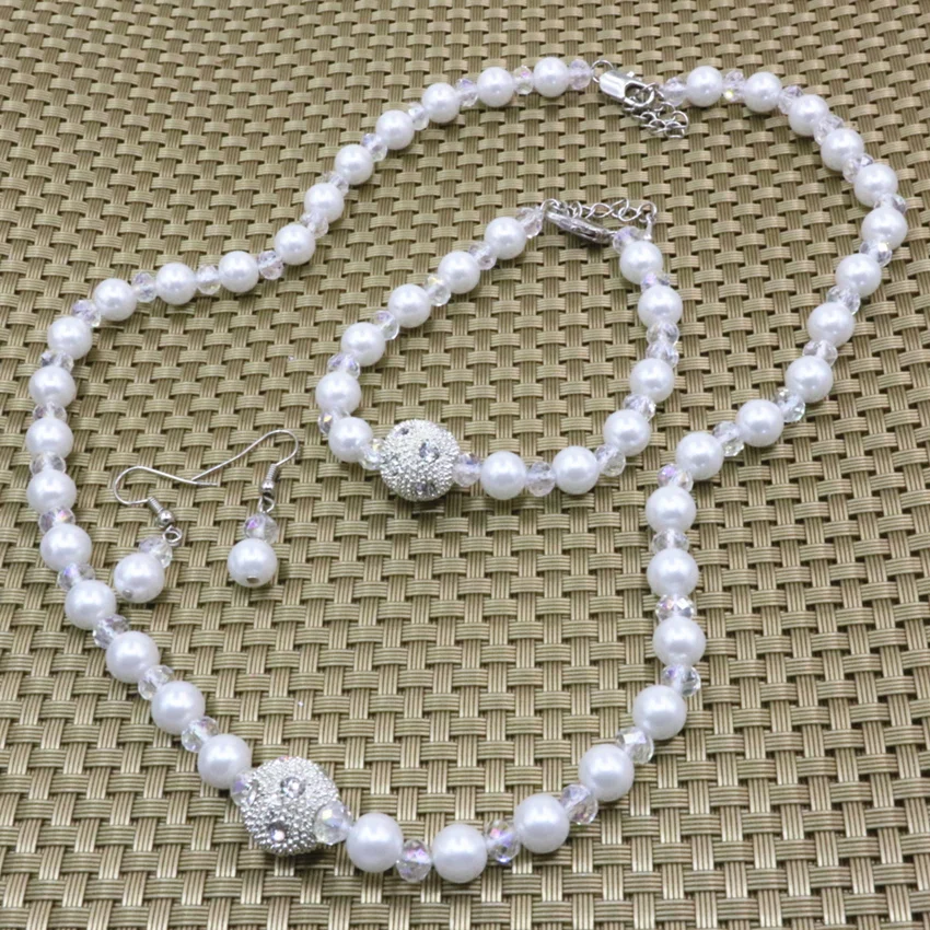 

Bohemia style white simulated-pearl shell 8mm round beads abacus crystal necklace bracelet earrings for women jewelry set B3181