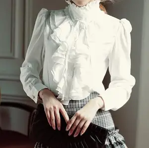 Блузка Женская атласная с воротником-стойкой, Элегантная классическая приталенная, с бантом и оборками