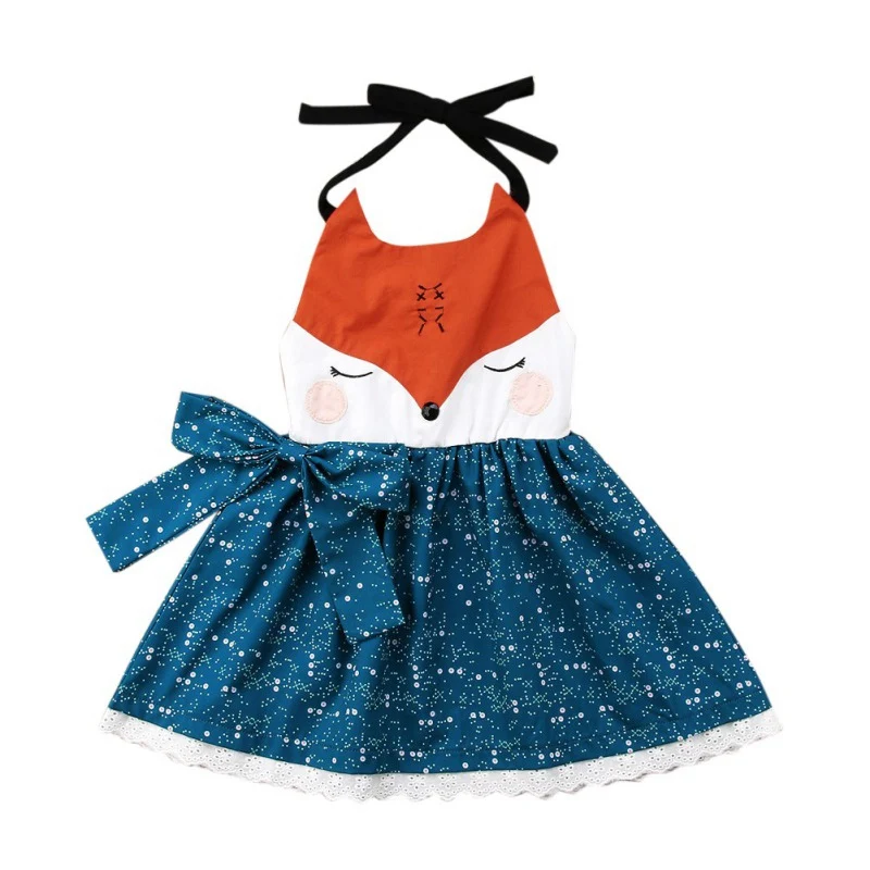 Summer Casual Baby Girls Fox Animal Dress Floral Print Cotton Kids Toddler Sleeveless Backless Pageant Sundress Party Dresses | Детская