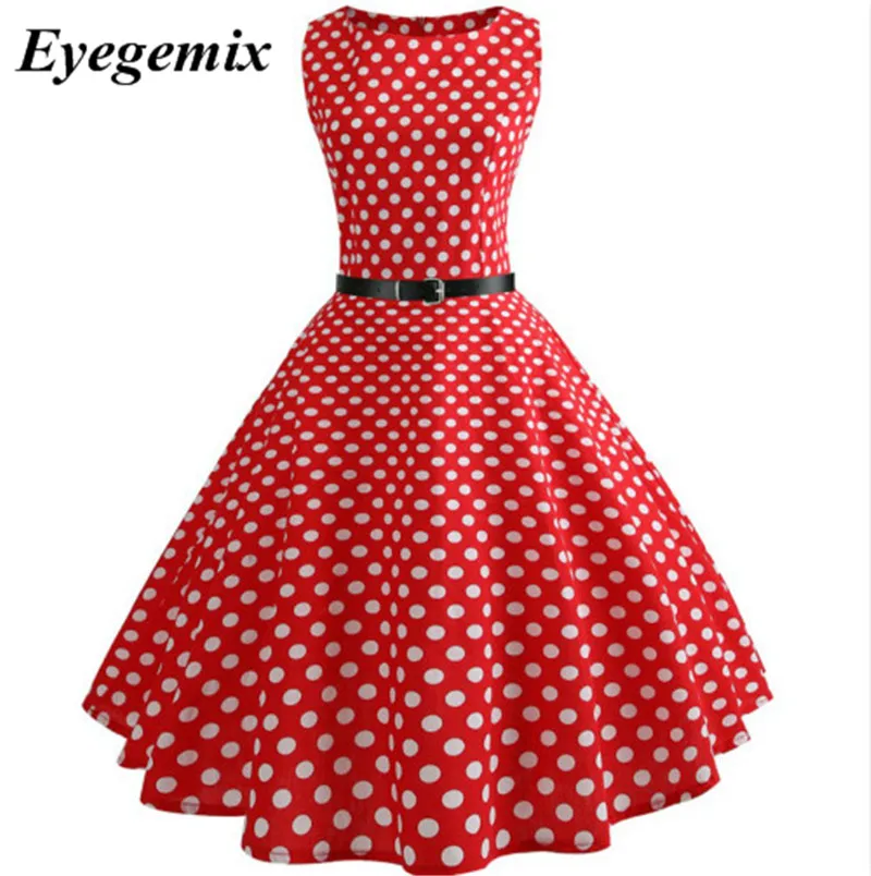 2018 Women New 50s 60s Retro Vintage Dress Polka Dot Sleeveless Spring Summer Red Flora Print Rockabilly Swing Party | Женская одежда