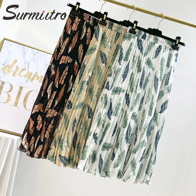 Женская плиссированная длинная юбка SURMIITRO, шифоновая юбка с цветочным принтом и завышенной талией в корейском стиле летом