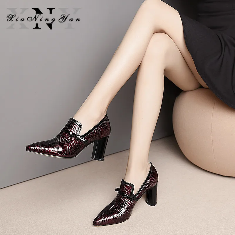

Xiuningyan Top Quality High Heels Genuine Leather Pointed Toe Party Shoes Woman Slip on Spring Summer Brand Office Pumps Shoes