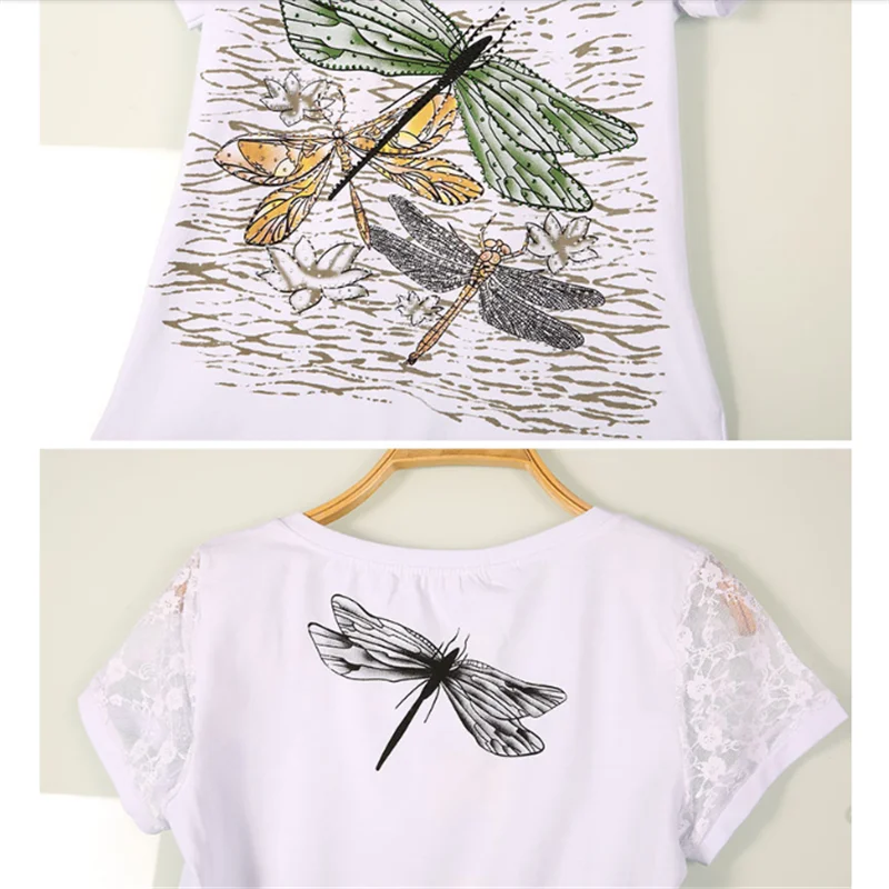 XXXL в виде алмазной Стрекозы с Camisetas Mujer 2019 летняя Стразы футболка Для женщин