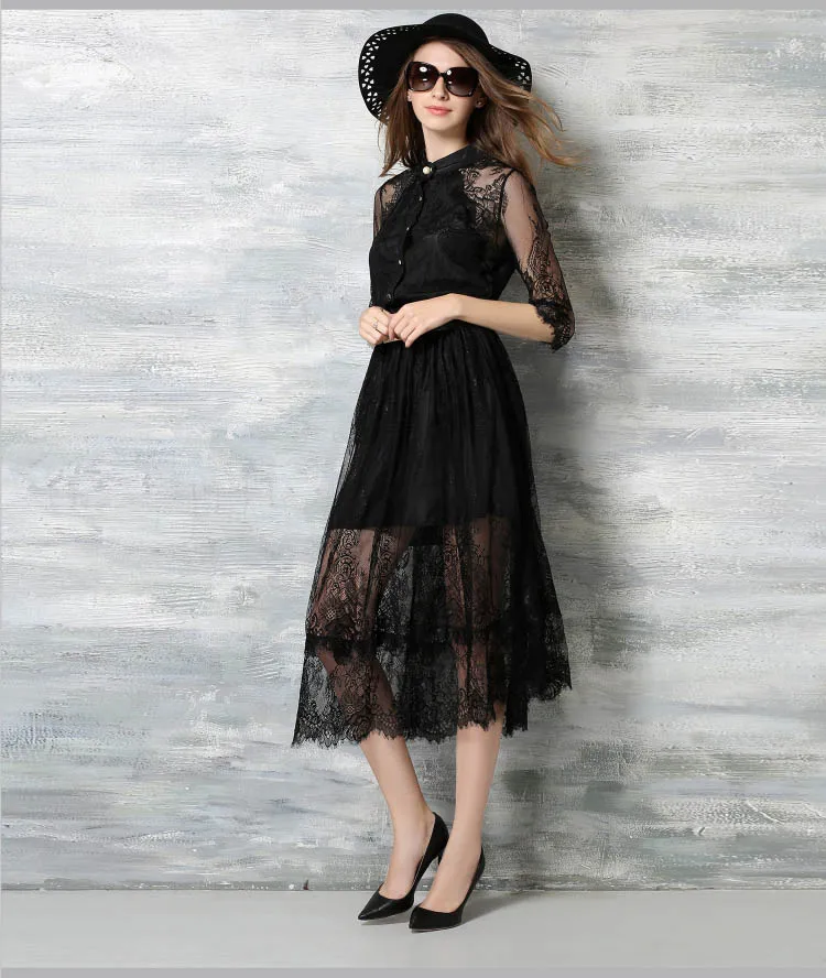 Лето 2017 Black Dress Дамы Кружева Сетки Лоскутное Рукав реглан Поясом Длинные Платья На