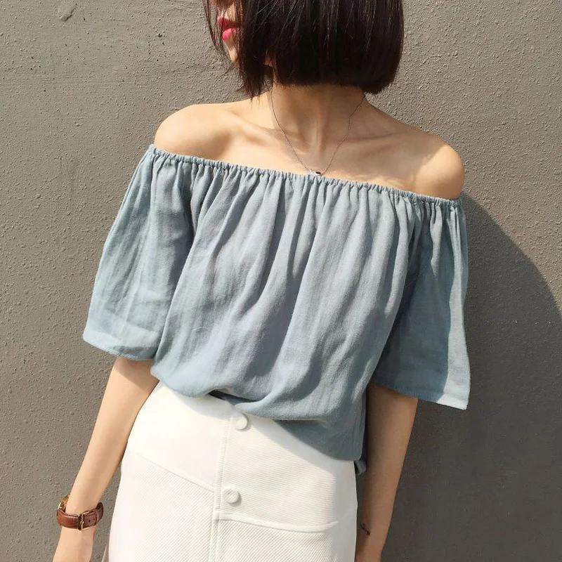 Newest Off The Shoulder Tops Vogue Summer Hot Sale Feminine Half Sleeve Slash Neck Casual Loose Blouse Shirt |