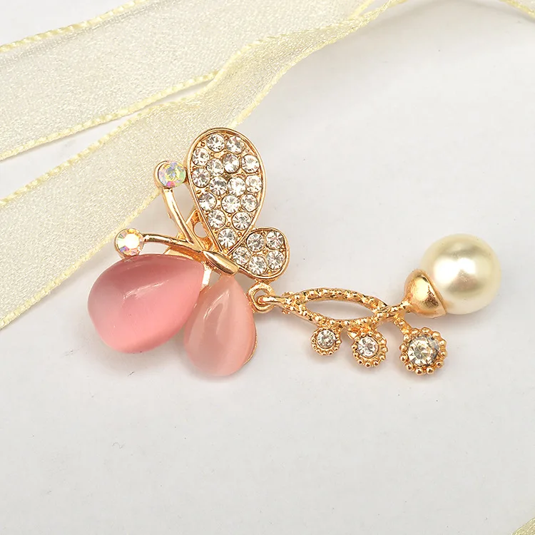MZC прекрасный розовый опал Броши Булавки с бабочками Кристалл цинковый сплав