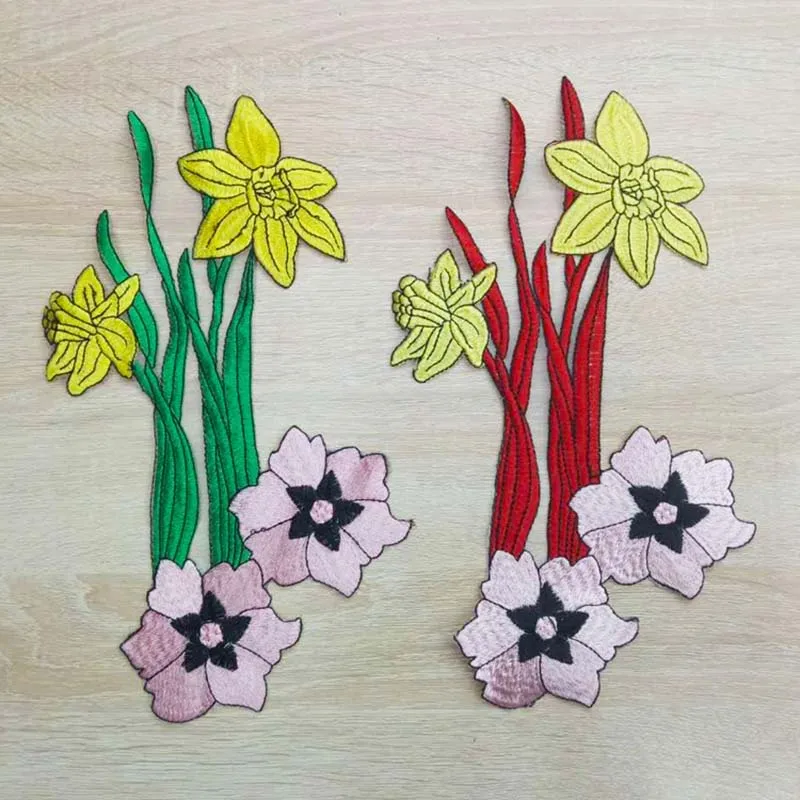 Красные цветы Нарцисса патч винтажная вышивка ткань аппликация футболка свитер