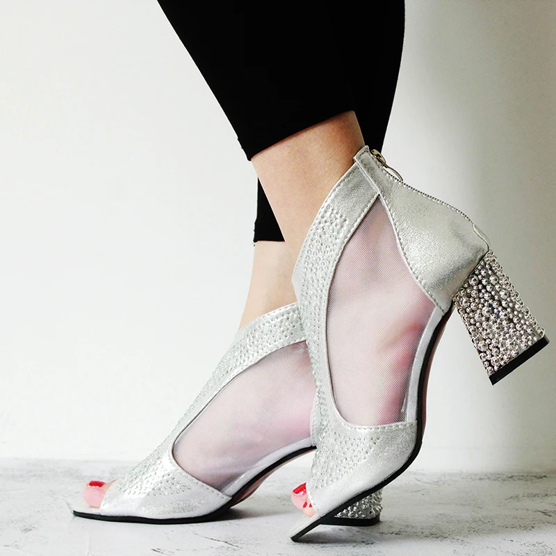 Женские босоножки с блестками 7 см высокий каблук алмаз квадратный кожа для лета |