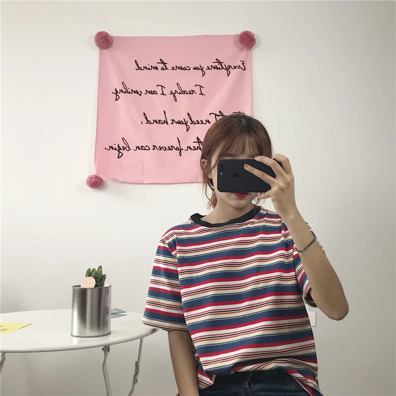 Футболка Femme 2019 Летняя женская одежда корейский стиль Ulzzang Harajuku полосатая
