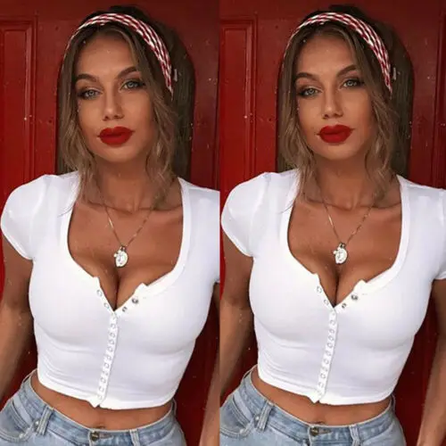 Sexy Casual O-Neck Buttons T-shirt Women Short Sleeve Femme Solid White Tee Tops | Женская одежда