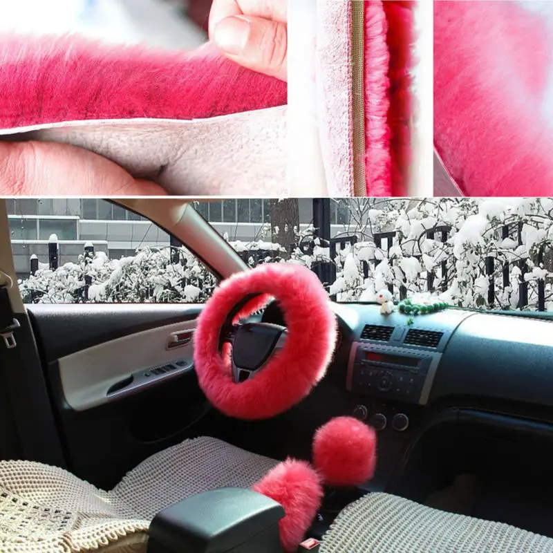 5Pcs Set Car Front Seat Cover & Fur Car Seat Steering Wheel Cover Pink Wool Winter Essential Universal Furry Fluffy Thick Faux