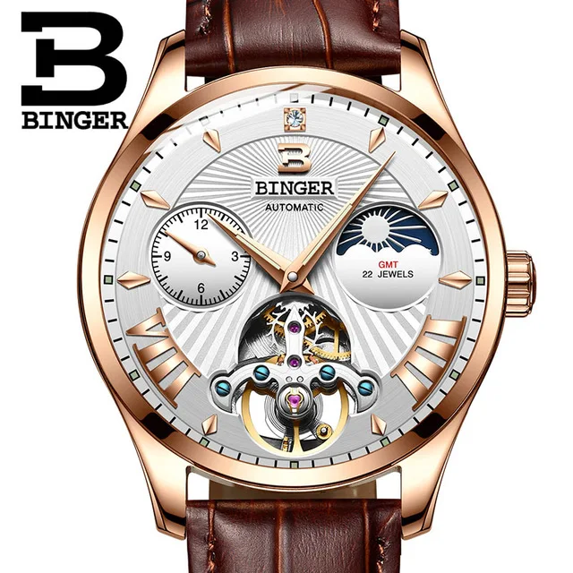 Brown White Швейцарские BINGER Роскошные Брендовые Часы Мужские автоматические механические часы сапфировые наручные часы водонепроницаемые мужские часы - Цвет: Brown White