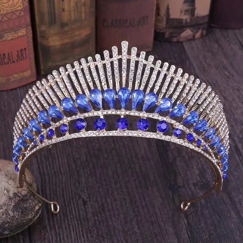 Gold Blue Свадебная диадема KMVEXO, диадема с кристаллами - Окраска металла: Gold Blue