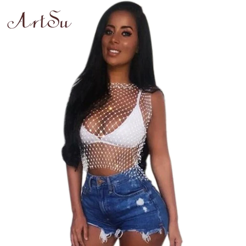 Кроп топ в сеточку ArtSu Fashion Стразы женская сексуальная клубная одежда майка