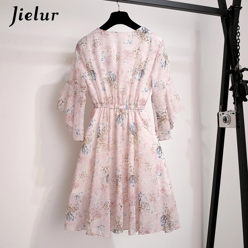 Jielur Elegant V-neck Flare Sleeve Women White Dress Summer Chiffon Ruffles Floral Print A-line Slim Elastic Midi Vestidos | Женская