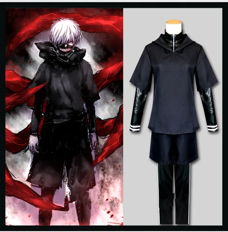 Японское аниме «Токийский Гуль»; маскарадные костюмы Kaneki Ken; маскарадные костюмы с капюшоном; куртки; Черная боевая униформа; Полный комплект с маской