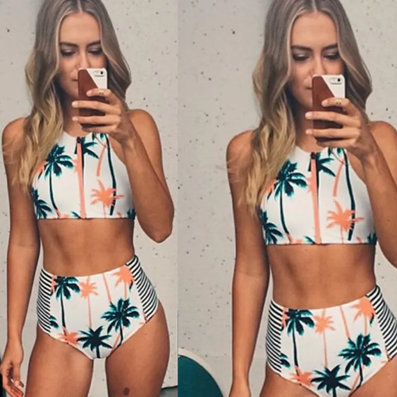 Women 2018 Zipper Coconut Tree Print Bikini Set Push Up Beach Summer High Waist Bikinis Swimwear Biquini Bathing Suit | Женская одежда