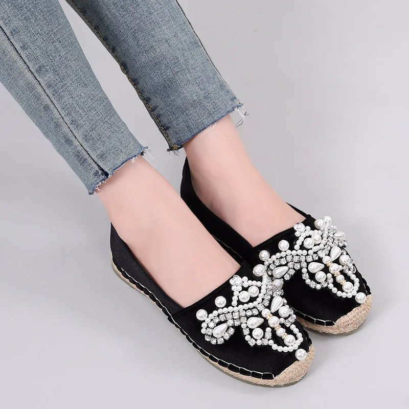 

New Womens Shoes Round Toe Rhinestone Pearl Single Shoes Flock Velvet Fisherman Shoes Casual Flats For Women