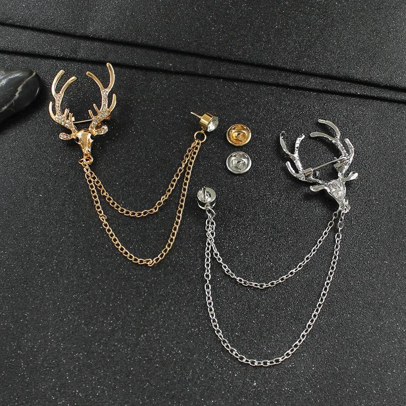 Голова оленя ретро-стиль брошь с украшением в виде кристаллов Рога лося цепочкой