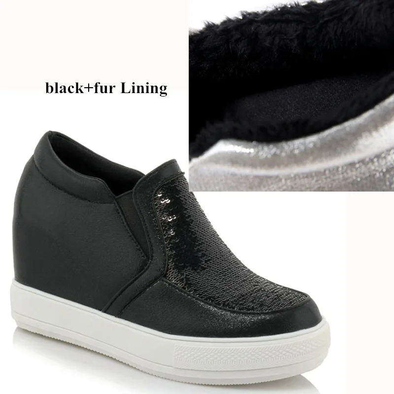 black with fur Женские кроссовки; модель года; сезон осень-зима; женская повседневная обувь на высоком каблуке с мехом; женская обувь на танкетке; женская обувь на платформе; цвет золотистый, Серебристый; большой размер 45 - Цвет: black with fur