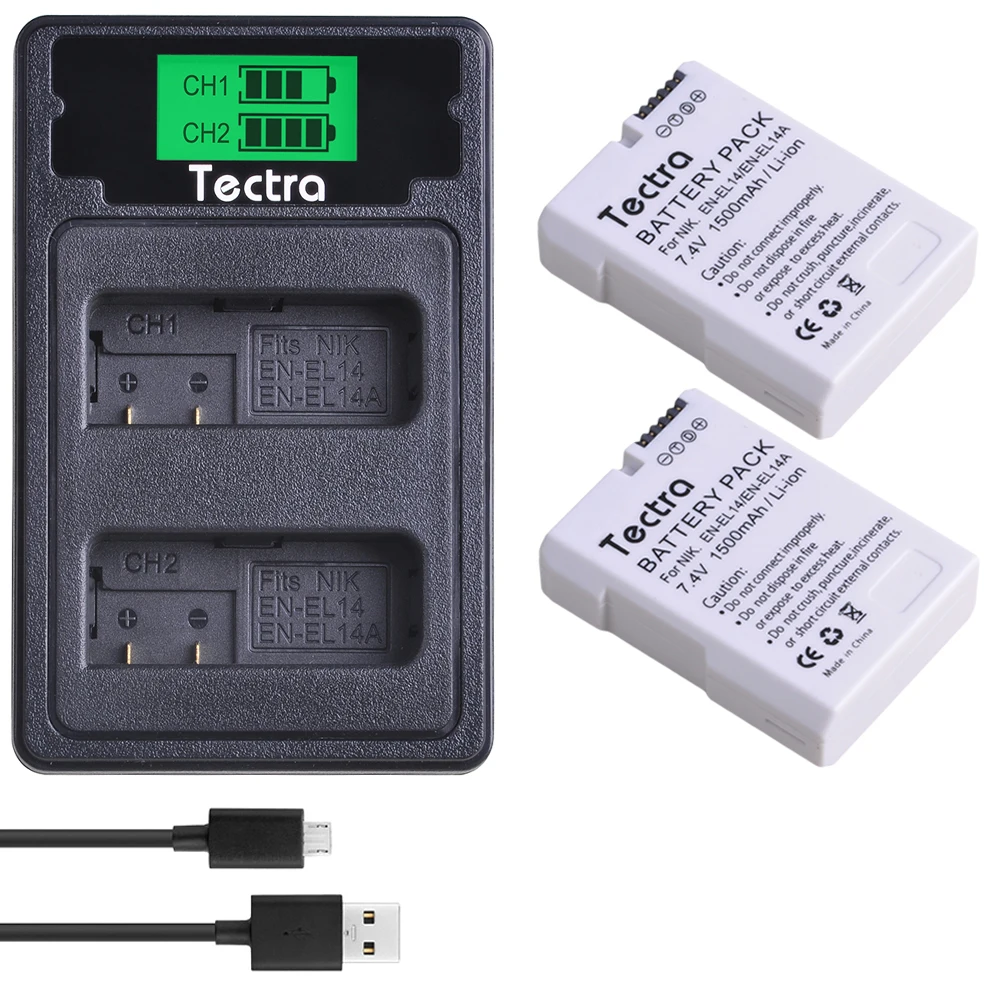 

2PCS 1500mAh EN-EL14A EN-EL14 ENEL14 Battery+LCD Charger for Nikon D3100 D3200 D3300 D3400 D3500 D5600 D5100 D5200 P7000