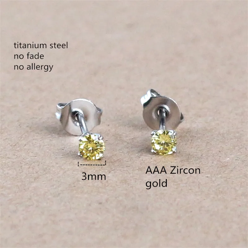 

3mm Gold Color Zircon Round Stud Earrings 316L Stainless Steel IP Planting No Fade Allergy