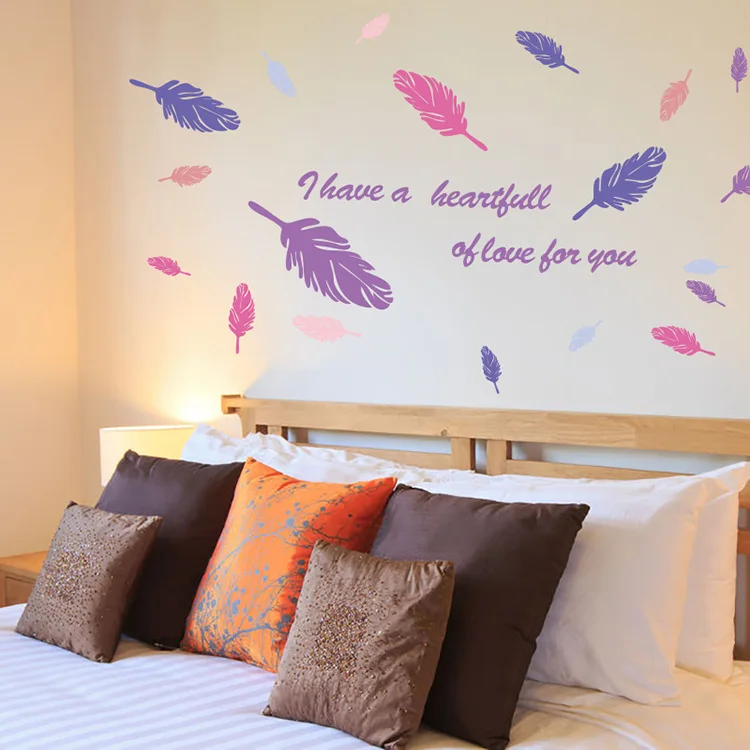 YY7210 Europe and America style colorful feather wall sticker individuality living room pvc can remove home decoration |