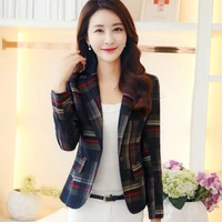 2019 spring new womens short jacket slim saist suit plaid small suit female korean long sleeved shirt