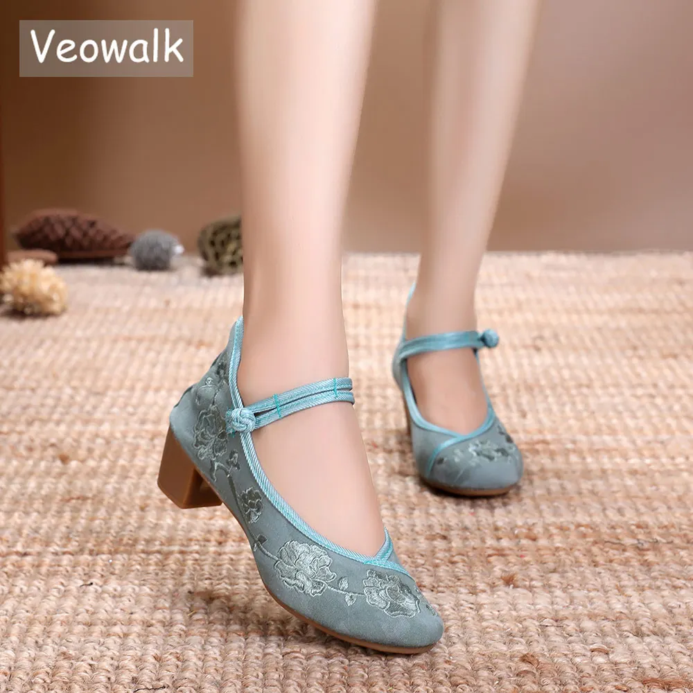 Женские туфли Veowalk с винтажной вышивкой на среднем блочном каблуке парусиновые
