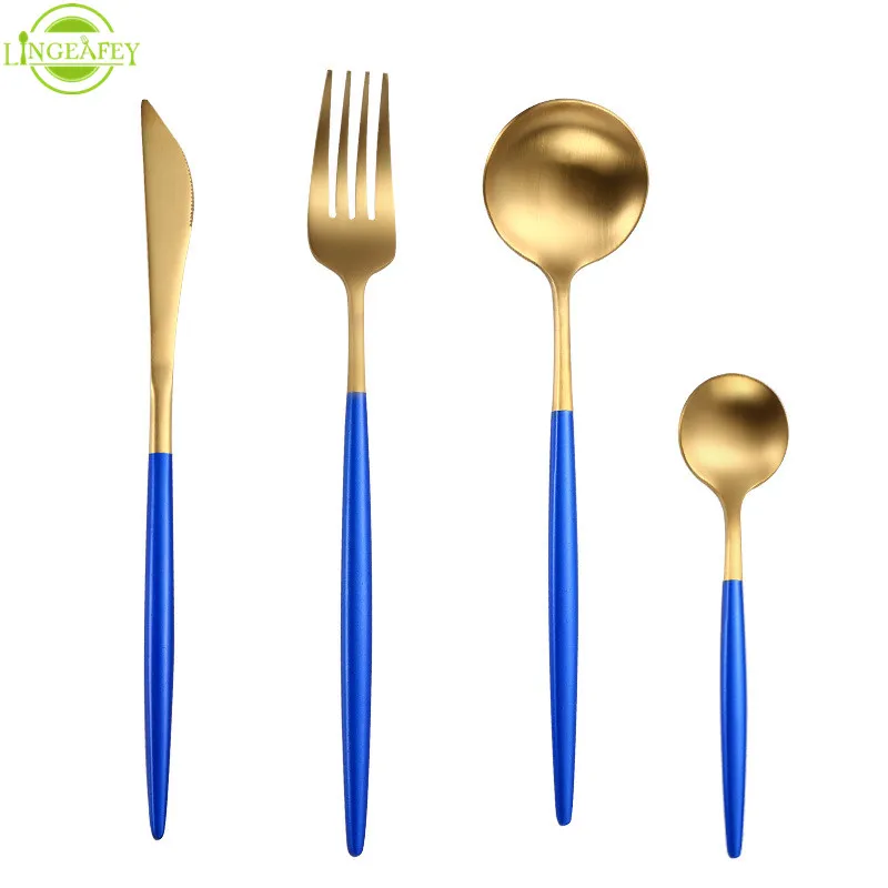 LF3bluegold1set Столовые приборы из нержавеющей стали наборы ножей белый золотой набор посуды столовые приборы кухонные принадлежности западные столовые приборы - Цвет: LF3bluegold1set