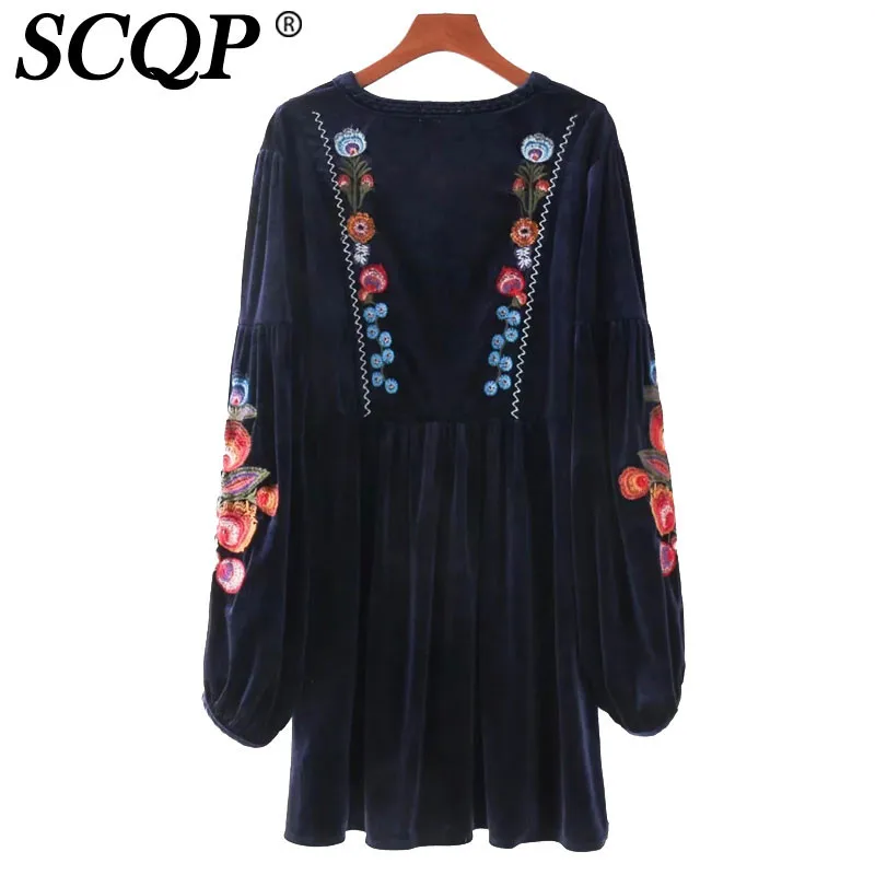 SCQP свободные Цветочные Вышивка Для женщин Вельветовое платье длиной выше колена
