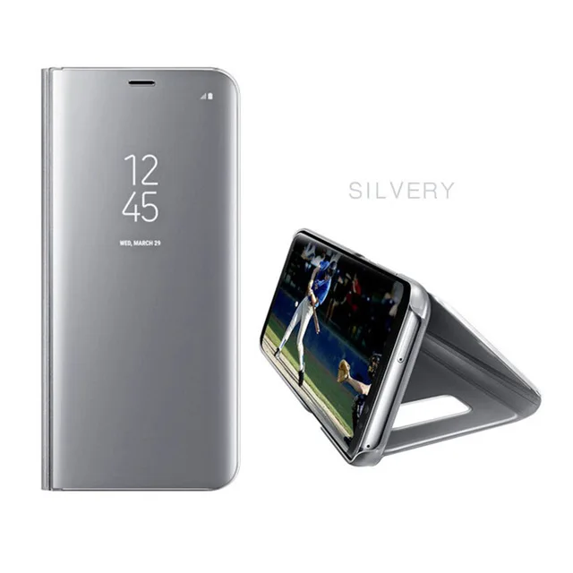 silver Зеркальный кожаный чехол-книжка для samsung Galaxy Note 8, S6, S7 Edge, S9, S8 Plus, прозрачный, с окошком обзора, умный чехол для iphone6, 6s, 7, 8 Plus, X - Цвет: silver