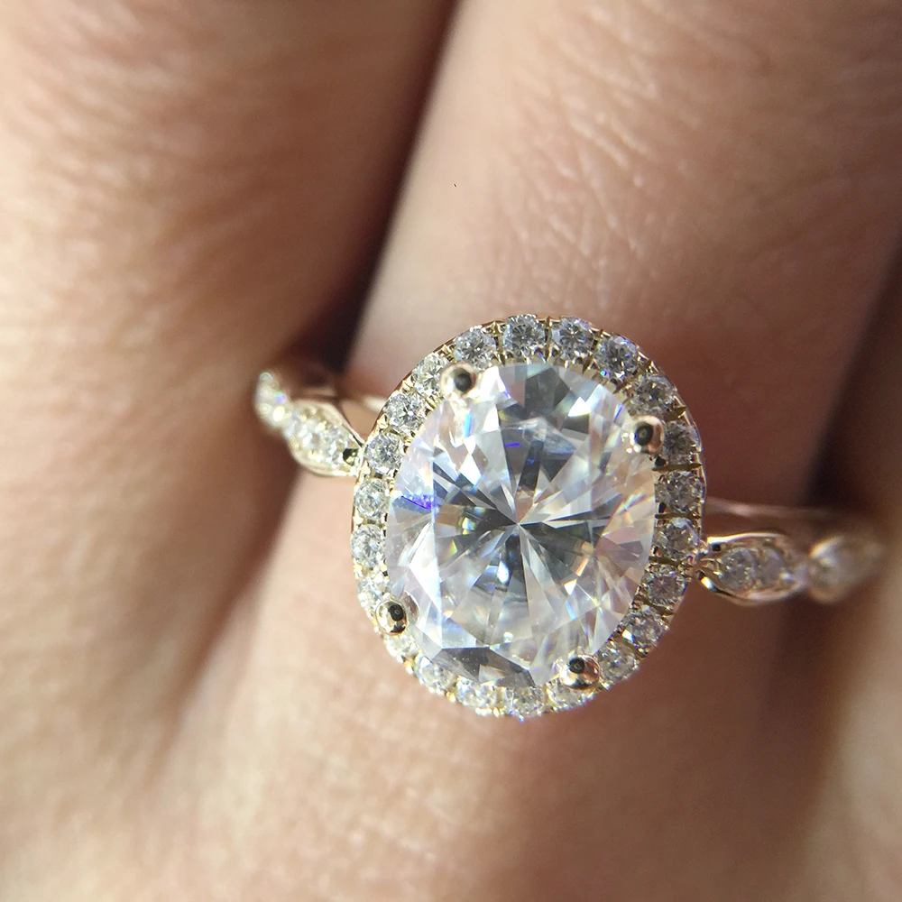 14K желтое золото Halo Moissanite кольцо 7x9 мм 2.0ct карат овальной огранки Brilliant обручальное