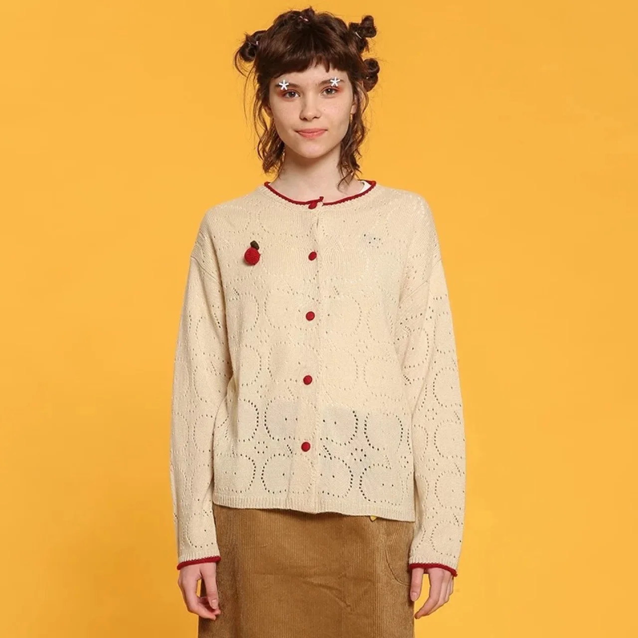 Spring Casual Original Apple Brooch Hollow Flowers Womens Thin Knit Coat Vintage Female Knitted Cardigans Sweet Knitwear New |