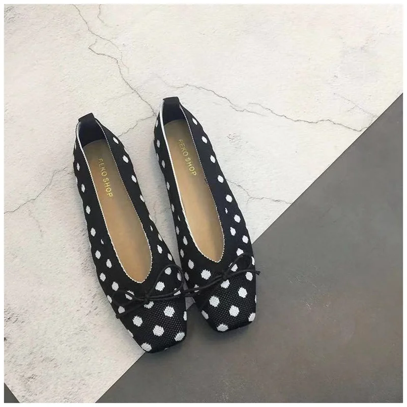 Black Dot Женские балетки на плоской подошве; дышащие вязаные Мокасины с квадратным носком; Разноцветные балетки на плоской подошве с узлом-бабочкой - Цвет: Black Dot