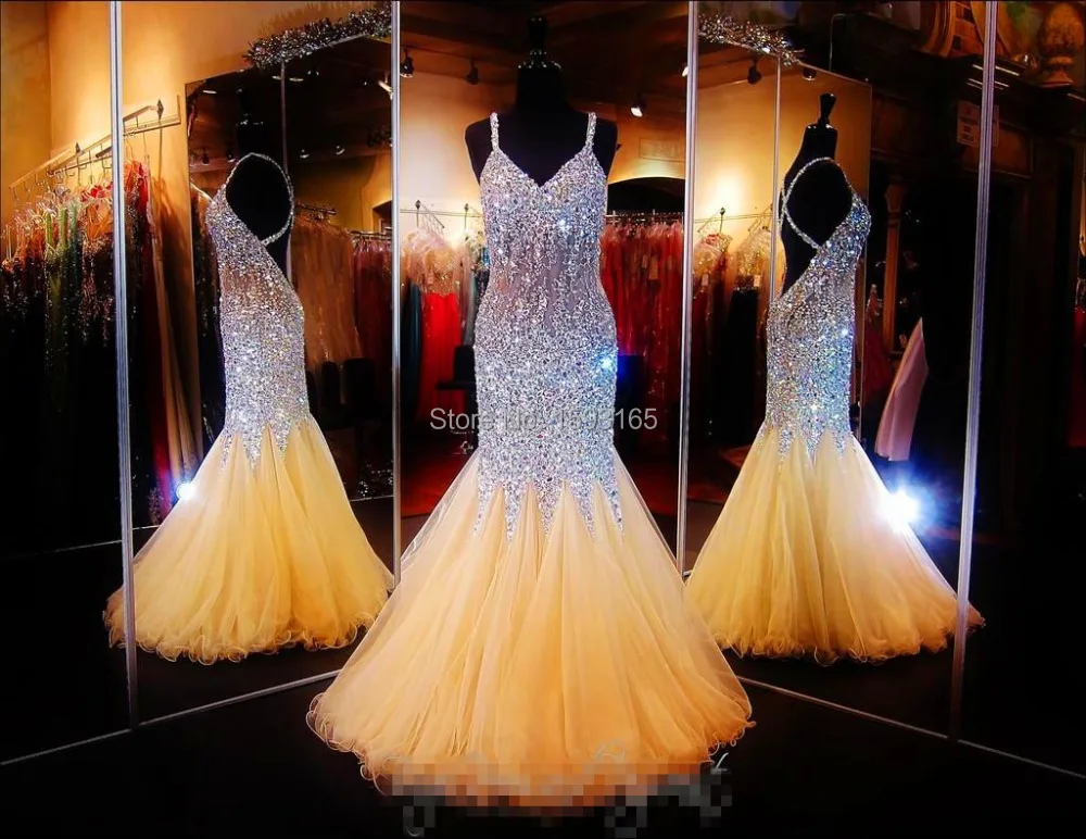 Блестящие выпускного вечера платье русалка с v-образным вырезом спагетти ремни