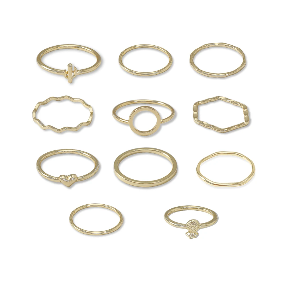 Sindlan 11PCs Simple Thin Rings Gold Geometric Cactus Heart Pineapple Rings for Women Fashion Finger Ring Jewelry Party Gift
