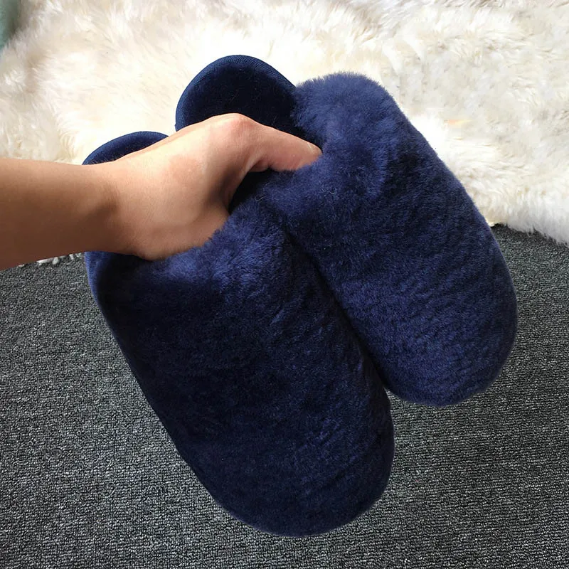Navy Blue Тапочки из натуральной овечьей кожи наивысшего качества; модные зимние женские домашние тапочки; теплые шерстяные домашние тапочки; женская повседневная домашняя обувь - Цвет: Navy Blue