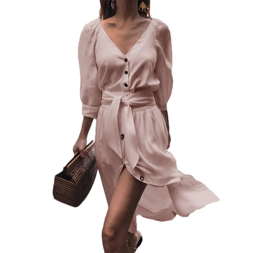 

Womens Dress Fall New Half Sleeve V-Neck Button Down Sashes Dress Loose Party Swing Sundress Midi 2018 Autumn Pink Lady'S Dress