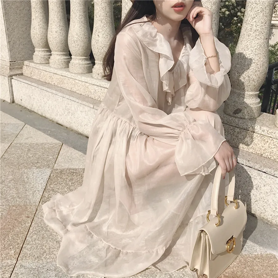 2 Pieces Set Beautiful Girl Organza Mesh Dress Ruffles High Waist Baby Doll Midi Vintage Robe Femme Vestido Vestiti Fiesta | Женская
