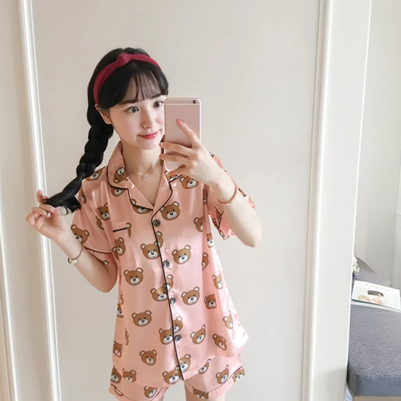 2020 Autumn Women Satin 2 Pieces Pajama Sets Shirts Shorts Pyjama Suits Female Sweet Cartoon Print Button Up Homewear Nightwears | Женская