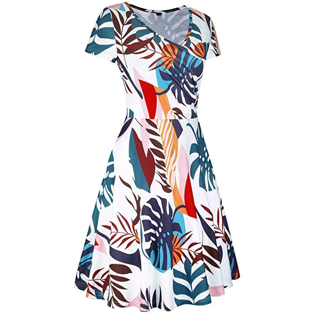 Женское платье трапециевидной формы Boho с v-образным вырезом и коротким рукавом