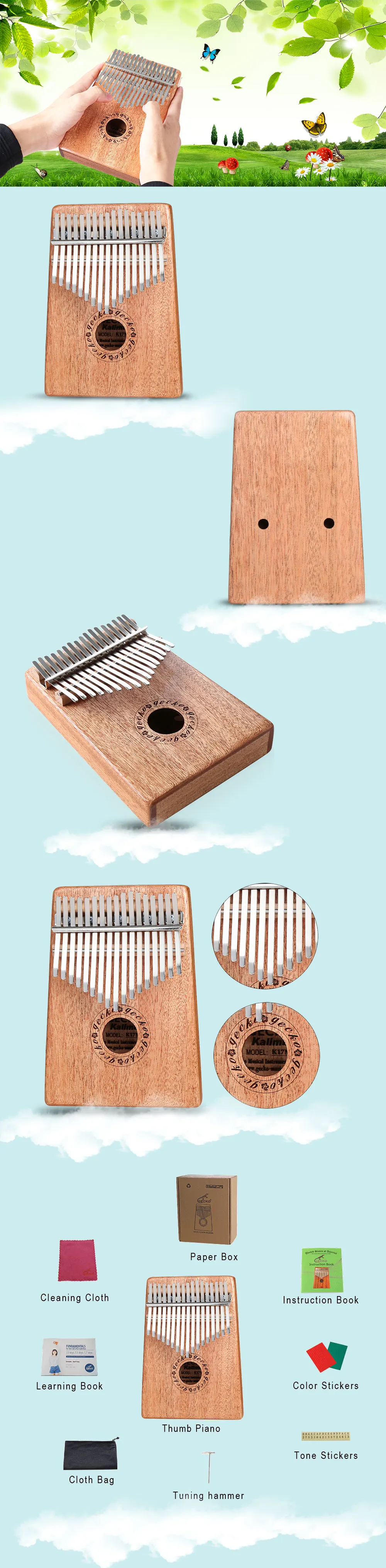 GECKO портативный Kalimba Mbira Sanza 17 клавиш C Tune Thumb фортепиано с Мелодия наклейка музыкальная нотация Koa дерево из красного дерева
