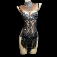 sparkly crystals black fringes bodysuit women bling rhinestones dj jazz dance costume stage performance nightclub show outfit