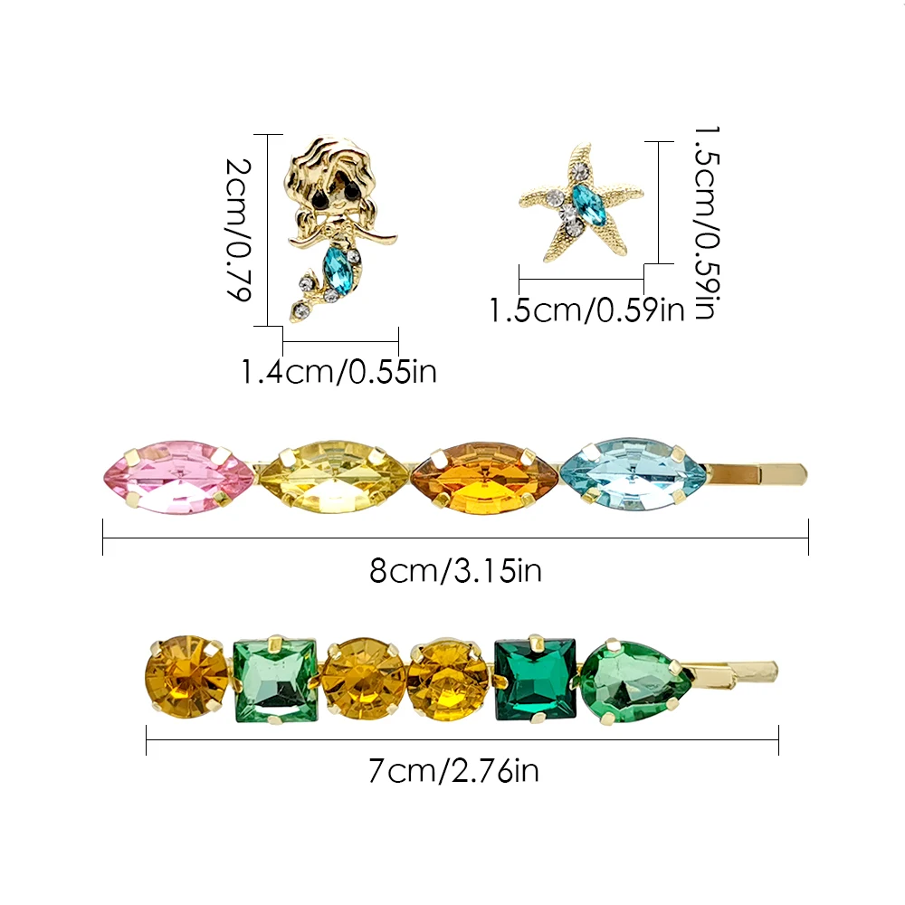 colorful rhinestones hair cilp stud earrings set mermaid starfish cactus bling high quality hairpins fashion headdress | Украшения и