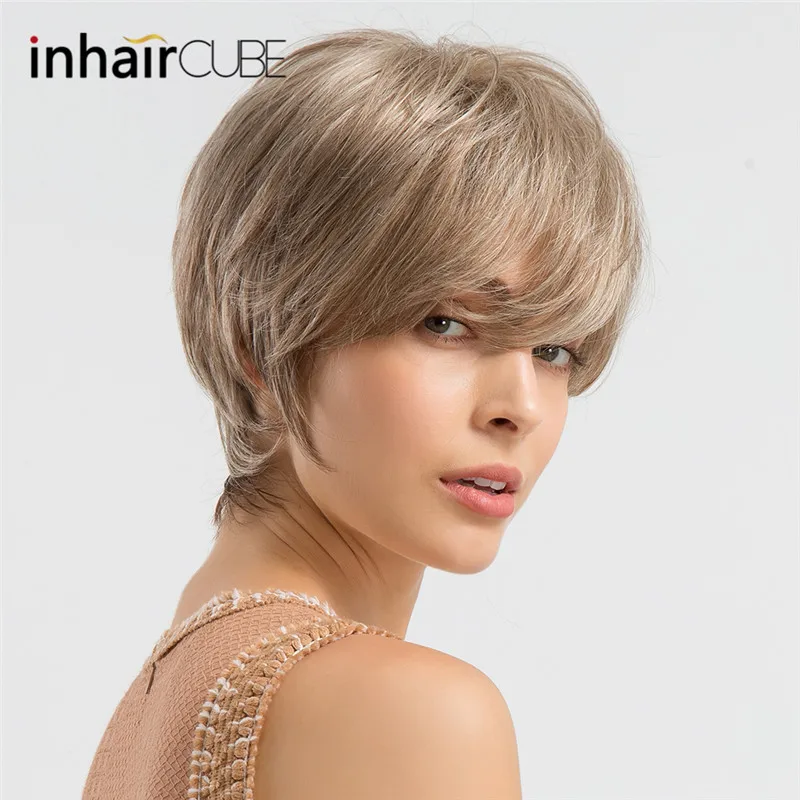 INHAIR CUBE Synthetic Blend Wigs Straight Hair Short Wig for Women Fluffy Human Hair Natural Elastic Wig Cap#27