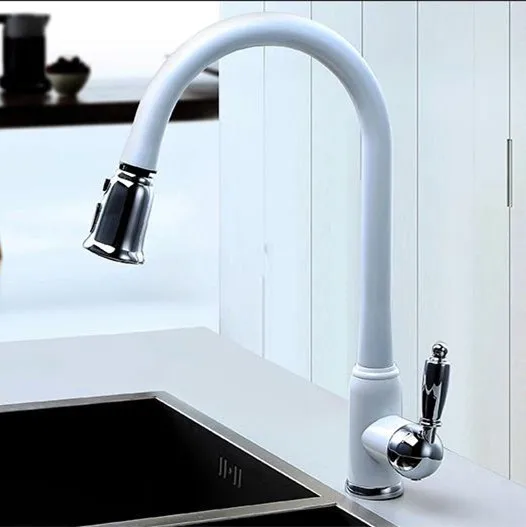 VOURUNA New Design High Quality Solid Brass Single Handle Black Sink Mixer Taps White Pullout Kitchen Faucet | Строительство и