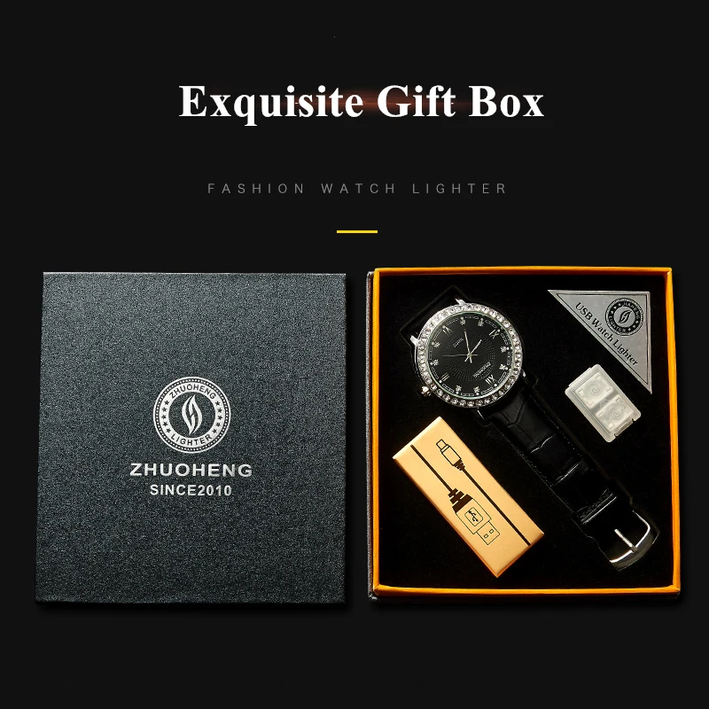 

Cigarette Lighter Watches Mens Quartz Watch USB Charging Luxury Diamond Dial Casual Wristwatches Windproof Lighter Clock JH391-2