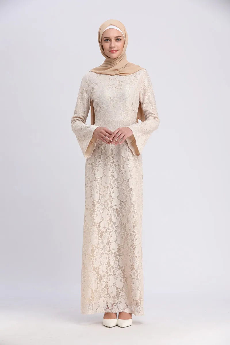 Кружевные женские мусульманские платья abaya Дубай белый желтый зеленый черный красный синий длинный халат Туника кимоно Jubah кафтан хиджаб Исламская одежда