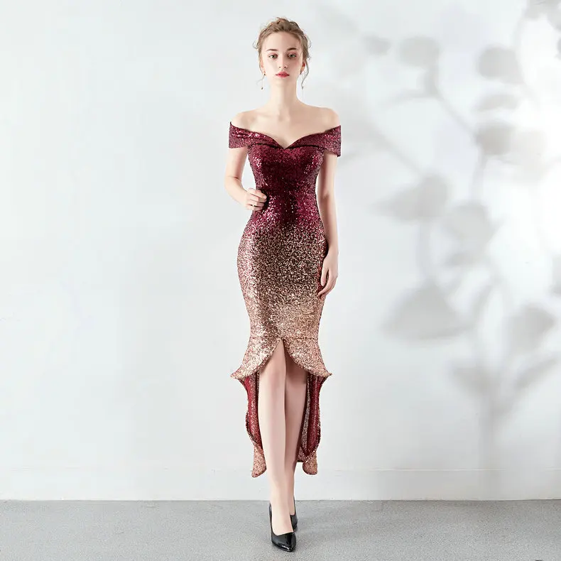 burgundy LAMYA модное серебряное коктейльное платье с блестками Элегантные вечерние платья с высоким низким вырезом платье для выпускного вечера - Цвет: burgundy